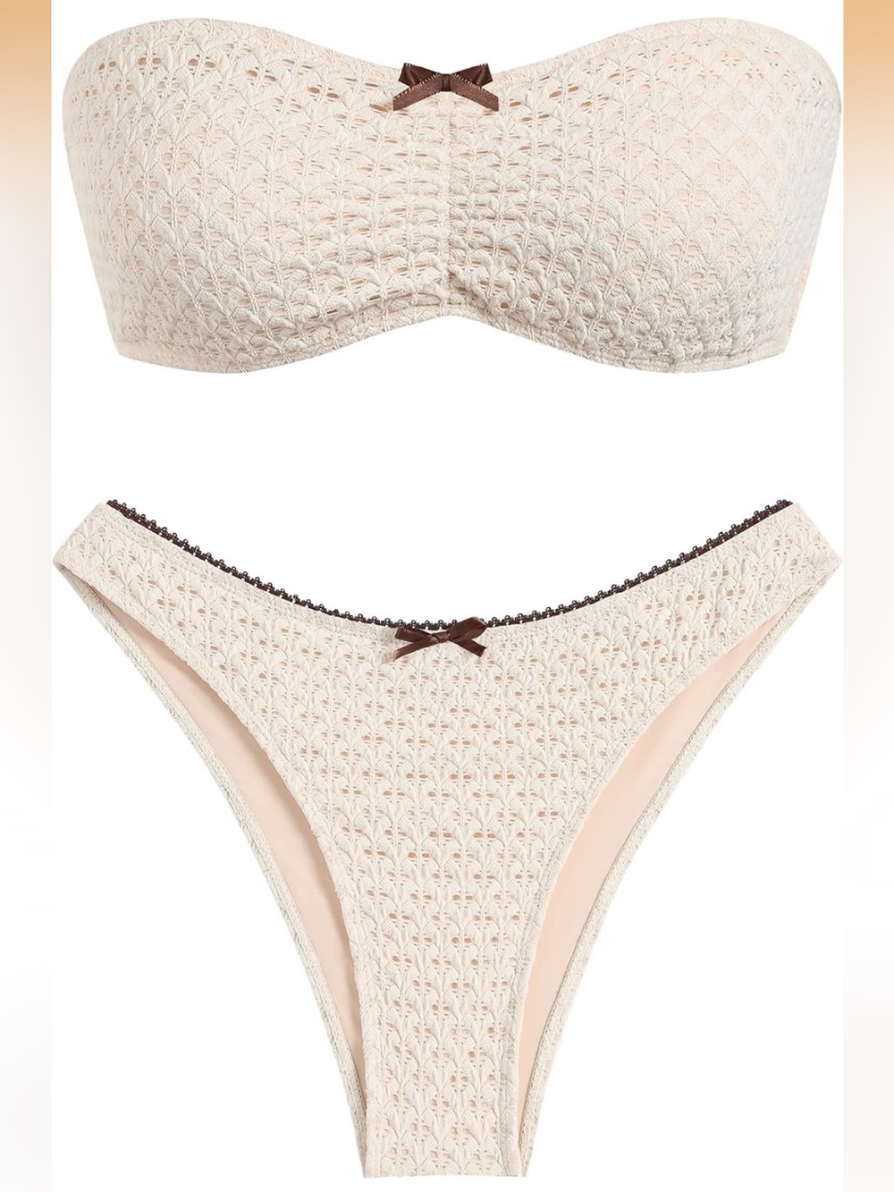 Zaful Cream Lace Strapless Bikini Set with Brown Trim